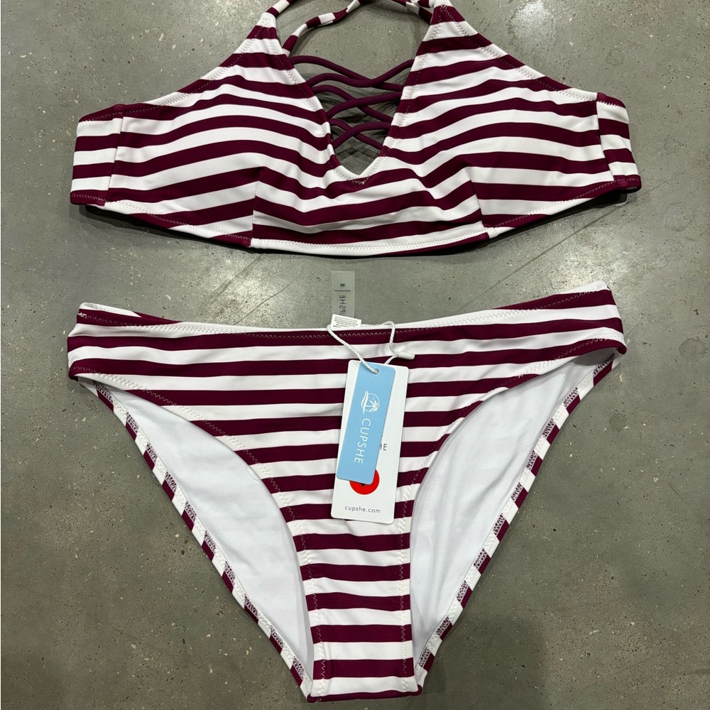 Cupshe Burgundy and White Striped Bikini